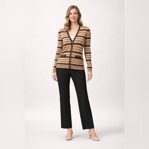 Tory Burch Medeline Size XL 100% Meriono Wool  V-Neck Striped Cardigan Logo